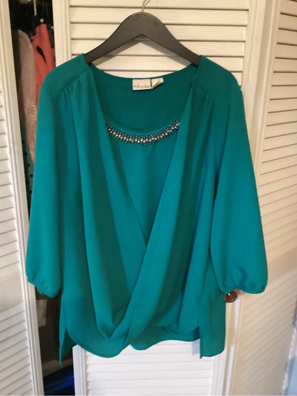 Embellished Teal Surplice Blouse - Women